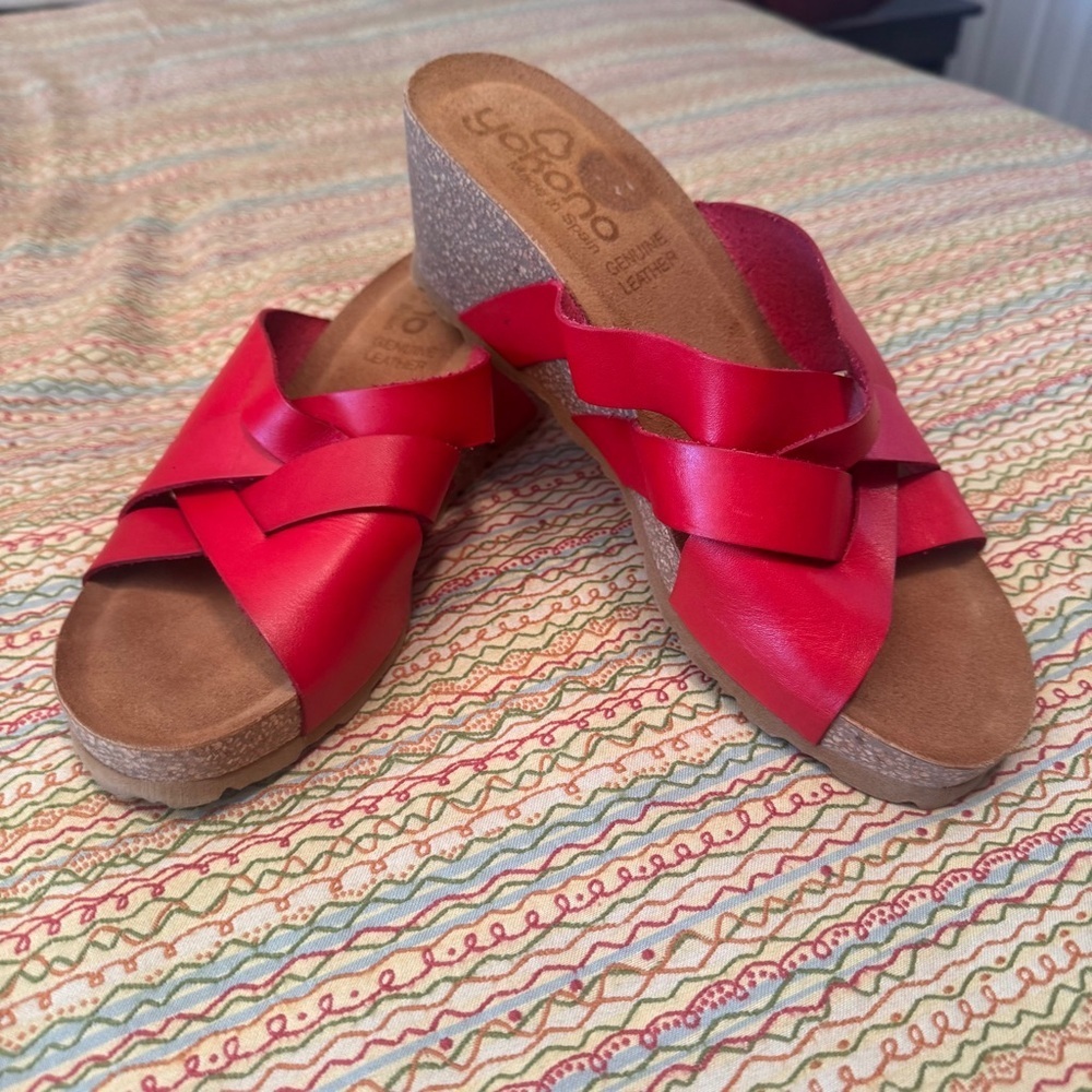 Yokono Candela red leather criss-cross cork wedge slip-on sandals Size 9